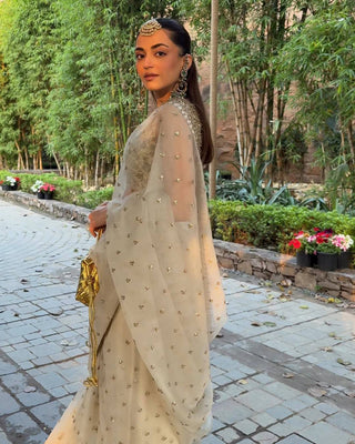 Cream Glass Satin Silk Saree ClothsVilla