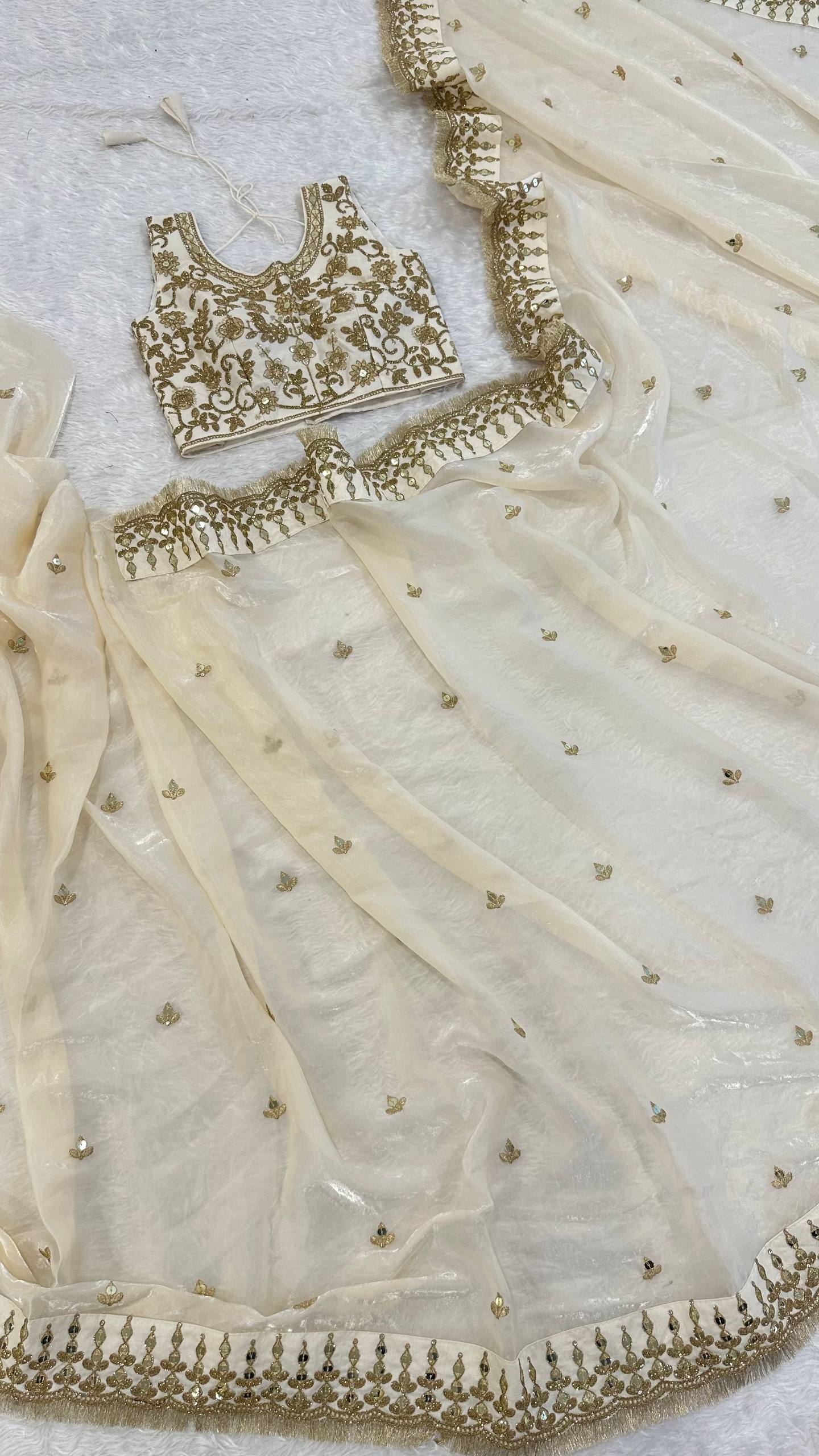 Cream Glass Satin Silk Saree ClothsVilla