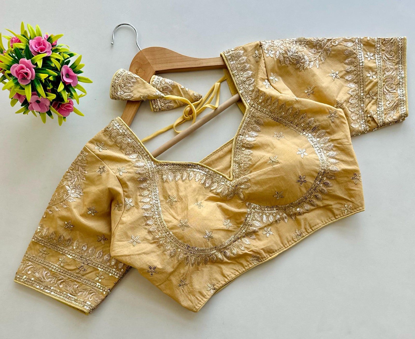 Cream Golden Embroidered Blubbery Silk Blouse with Sequins ClothsVilla