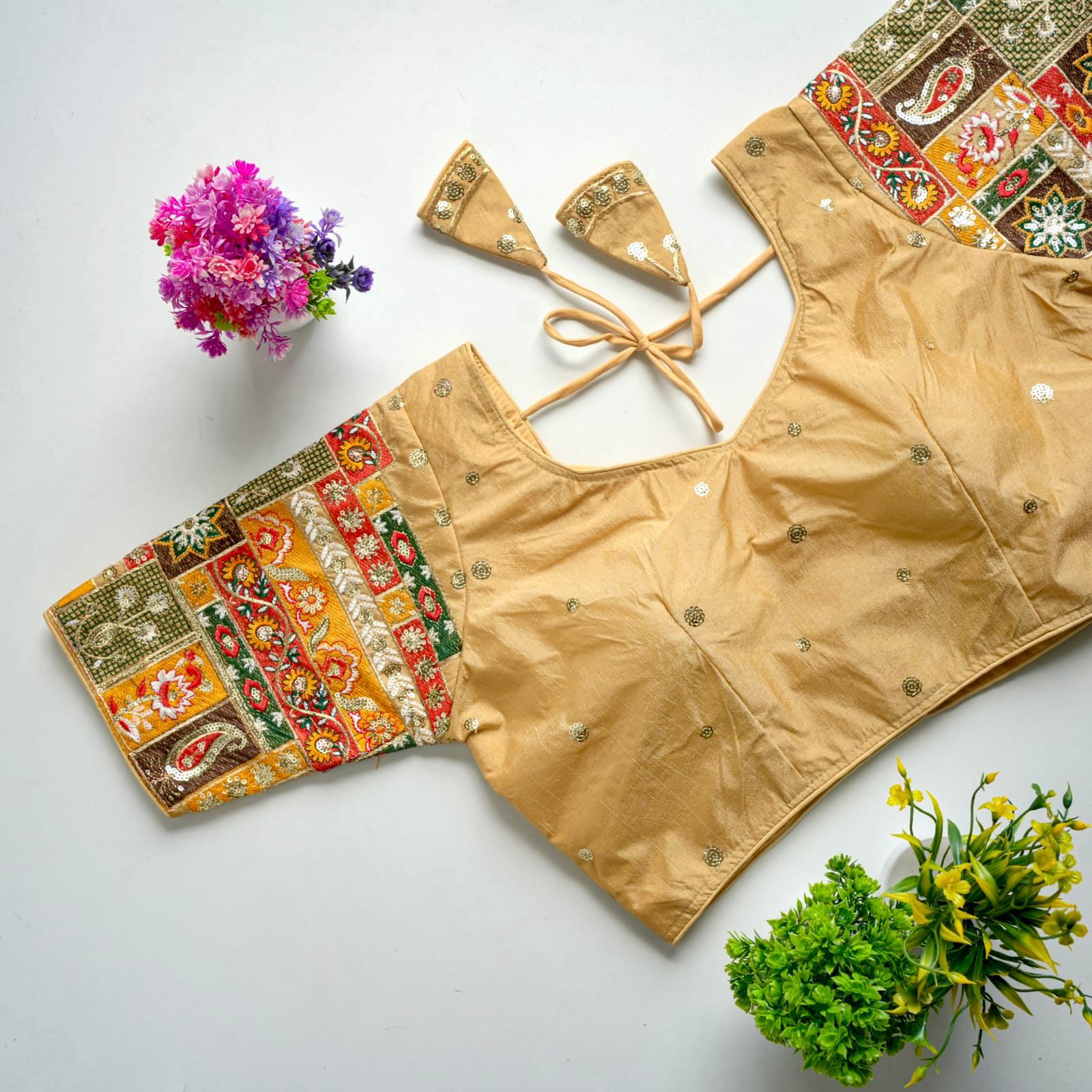 Cream Golden Embroidered Seoul Silk Blouse with Sequins ClothsVilla Main image