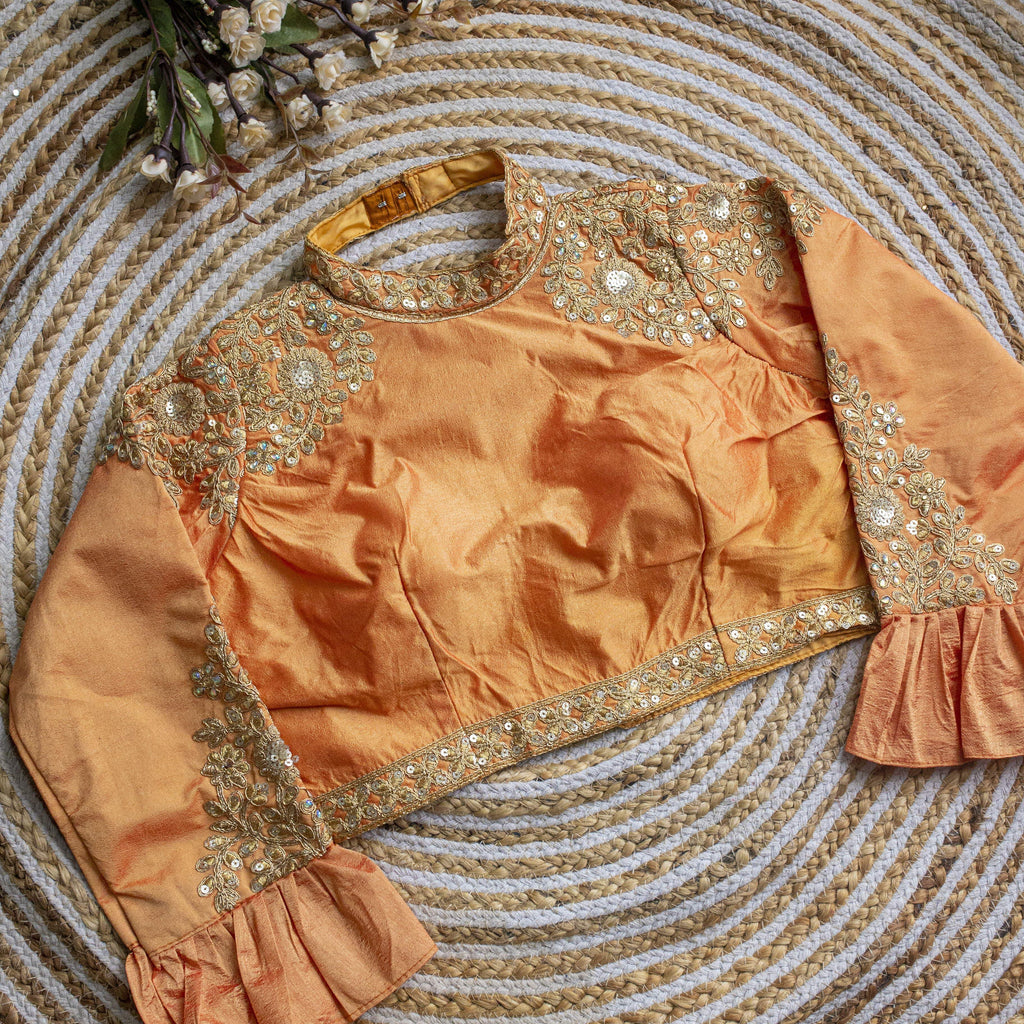 Cream Golden Sequence Embroidered Blouse in glossy silk ClothsVilla