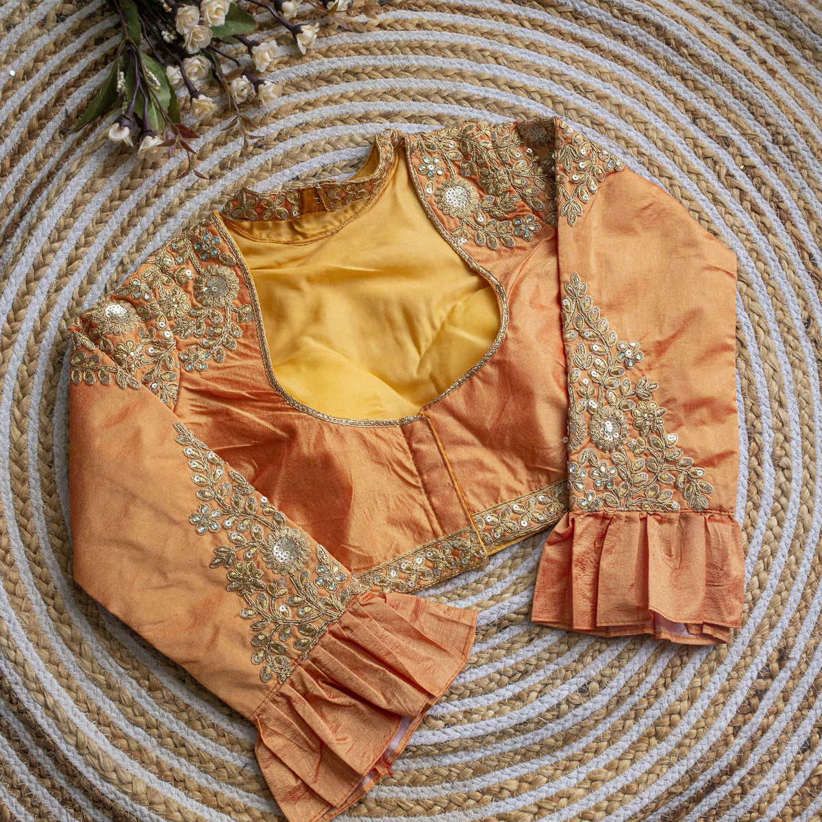 Cream Golden Sequence Embroidered Blouse in glossy silk ClothsVilla Main image