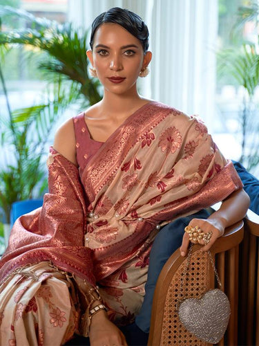 Cream Graceful Bollywood Style Organza Saree with Unstitched Blouse Piece ClothsVilla