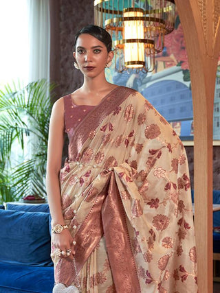 Cream Graceful Bollywood Style Organza Saree with Unstitched Blouse Piece ClothsVilla
