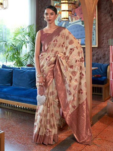 Cream Graceful Bollywood Style Organza Saree with Unstitched Blouse Piece ClothsVilla