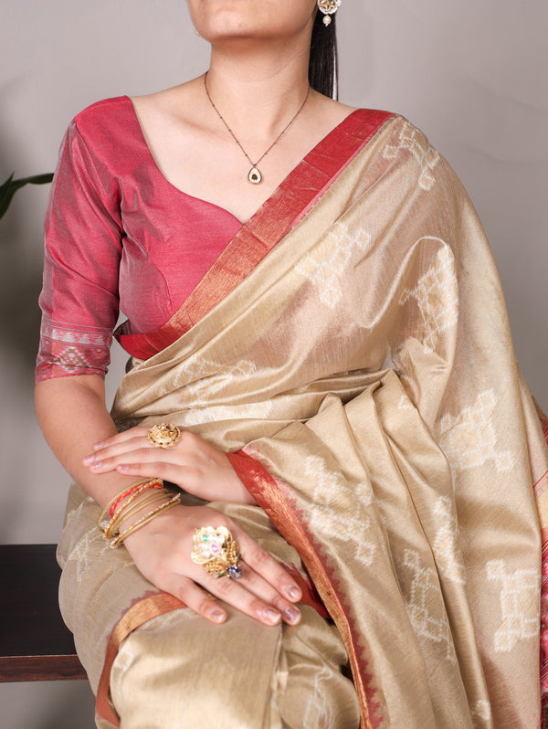 Cream Graceful Jacquard Silk Saree with Printed & Zari Weaving Work ClothsVilla