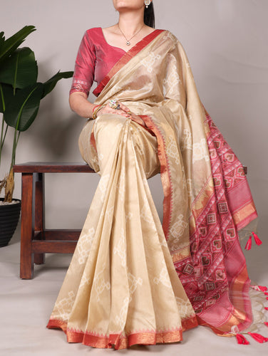 Cream Graceful Jacquard Silk Saree with Printed & Zari Weaving Work ClothsVilla