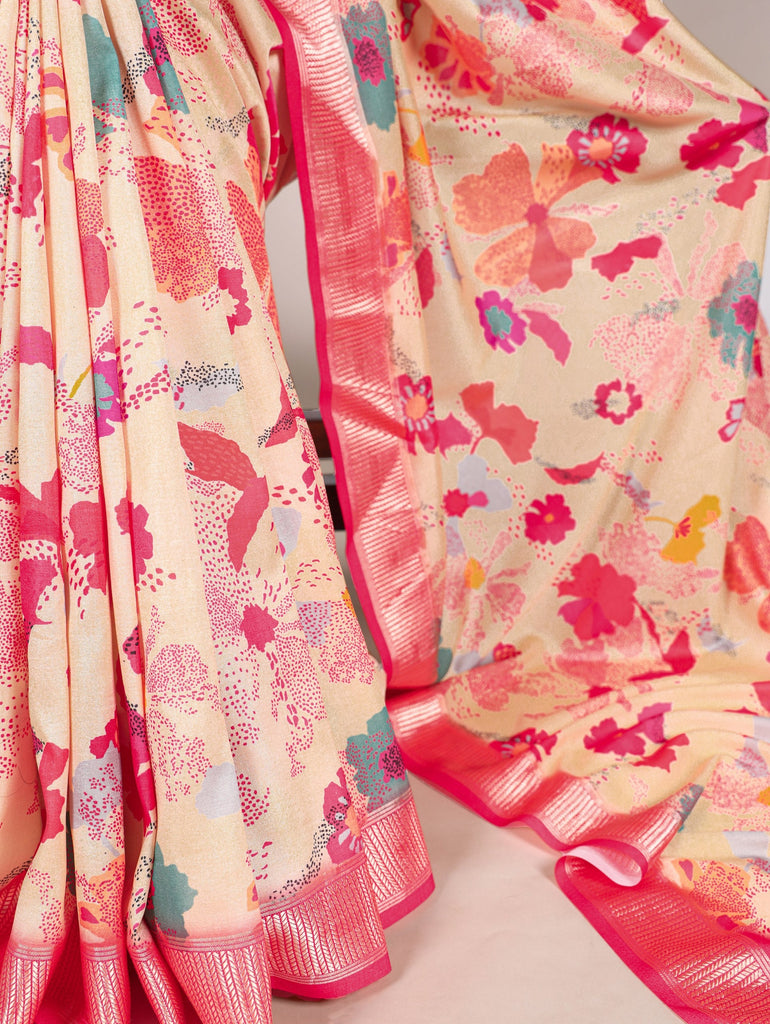 Cream Graceful Tussar Silk Printed Saree with Viscose Border ClothsVilla