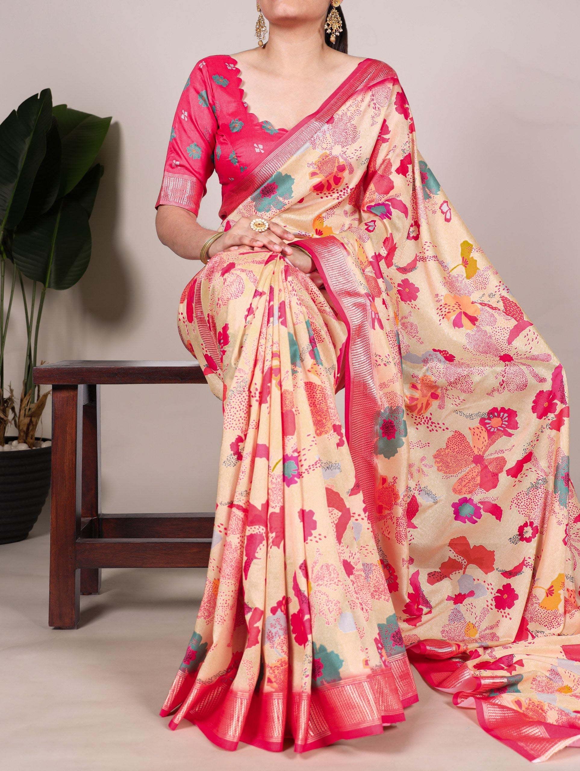 Cream Graceful Tussar Silk Printed Saree with Viscose Border ClothsVilla Main image
