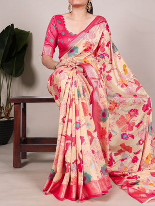 Cream Graceful Tussar Silk Printed Saree with Viscose Border ClothsVilla