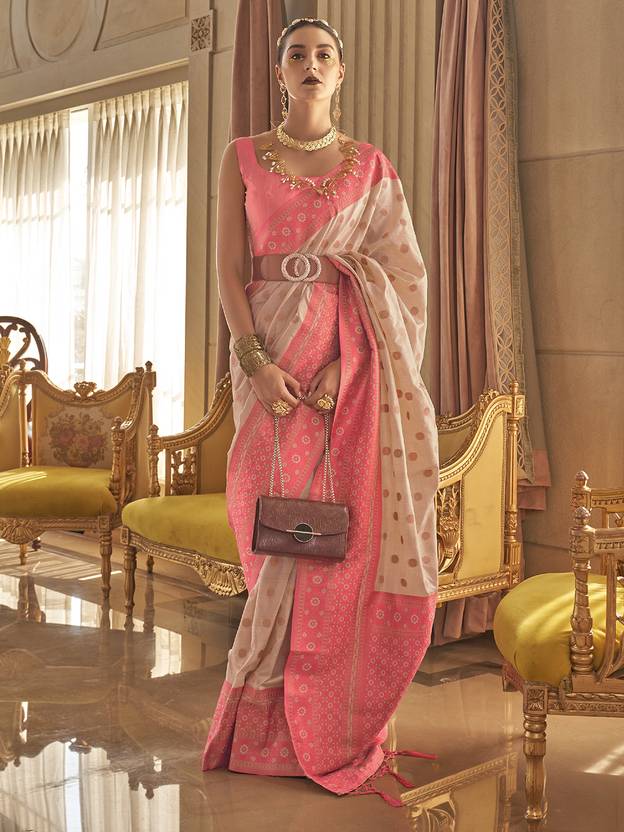 Cream Graceful Woven Banarasi Silk Blend Saree with Tassel Detailing ClothsVilla
