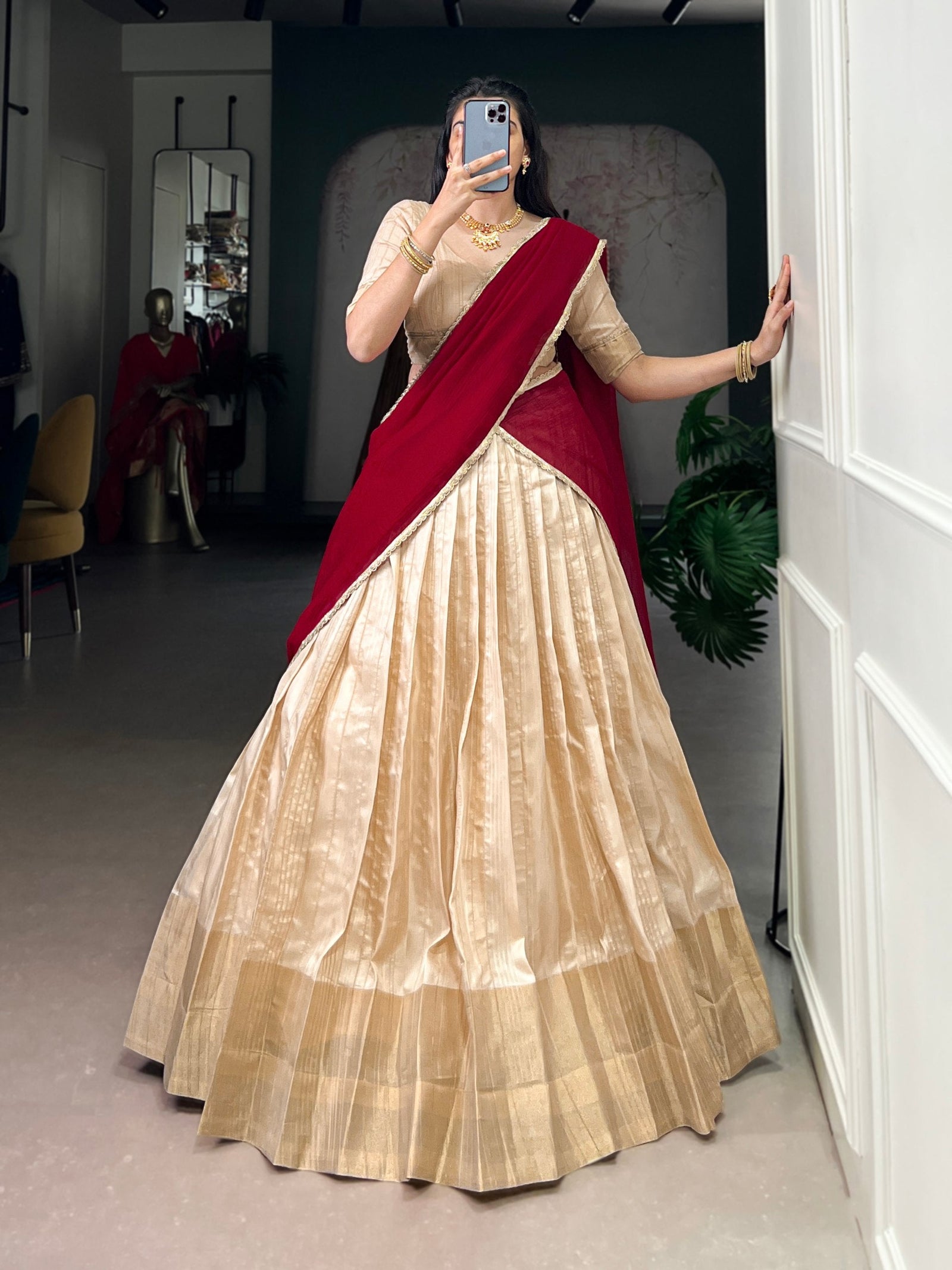Cream Handloom Zari Weaving Lehenga Choli Set with Silver Glossy Lace Border Dupatta – Stitched Lehenga ClothsVilla