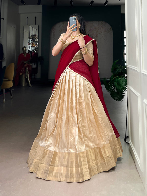 Cream Handloom Zari Weaving Lehenga Choli Set with Silver Glossy Lace Border Dupatta – Stitched Lehenga ClothsVilla