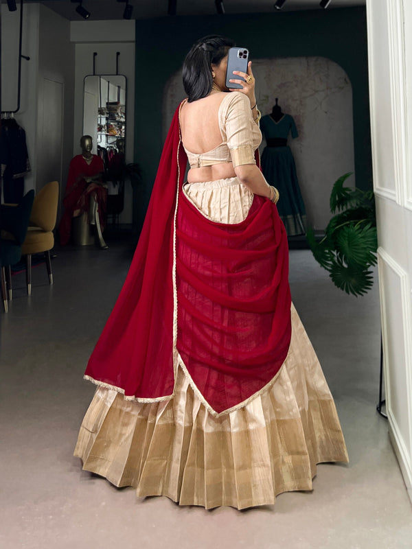 Cream Handloom Zari Weaving Lehenga Choli Set with Silver Glossy Lace Border Dupatta – Stitched Lehenga ClothsVilla