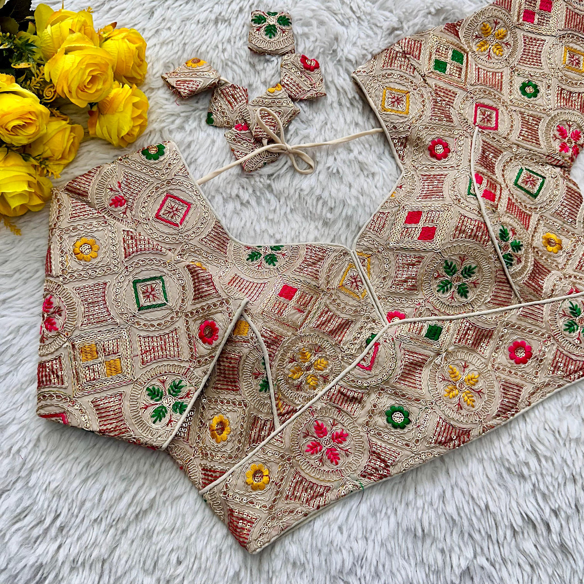 Cream Heavy Cording Work Pure Georgette Blouse with Multicolor Embellishments ClothsVilla Main image
