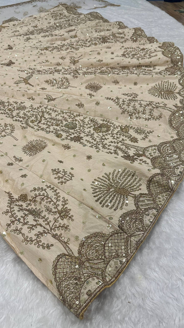 Cream Heavy Slub Silk Lehenga with Sequins, Dori & Zari Work, Matching Blouse & Net Dupatta ClothsVilla