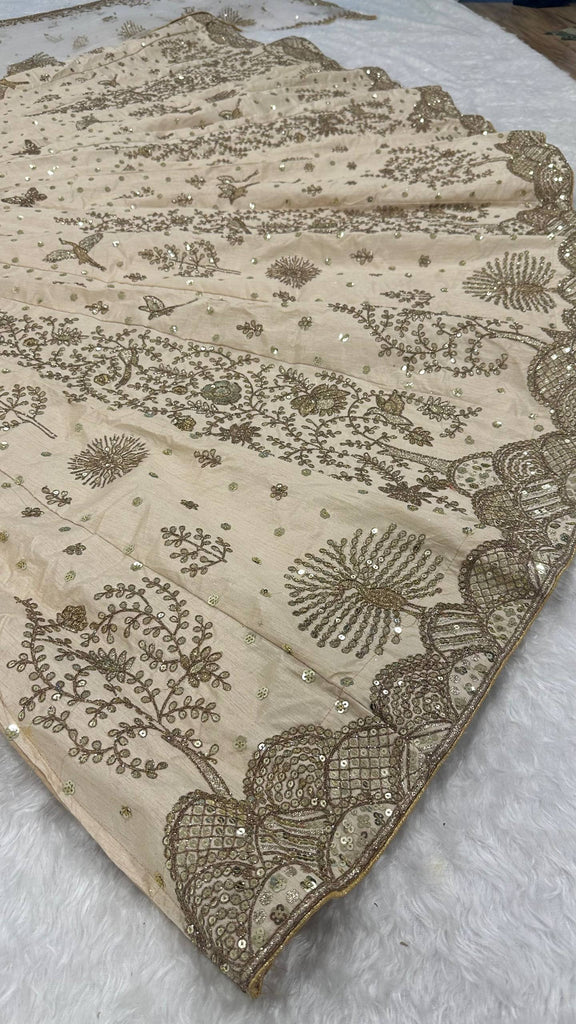 Cream Heavy Slub Silk Lehenga with Sequins, Dori & Zari Work, Matching Blouse & Net Dupatta ClothsVilla