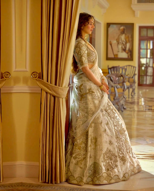 Cream Heavy Slub Silk Lehenga with Sequins, Dori & Zari Work, Matching Blouse & Net Dupatta ClothsVilla