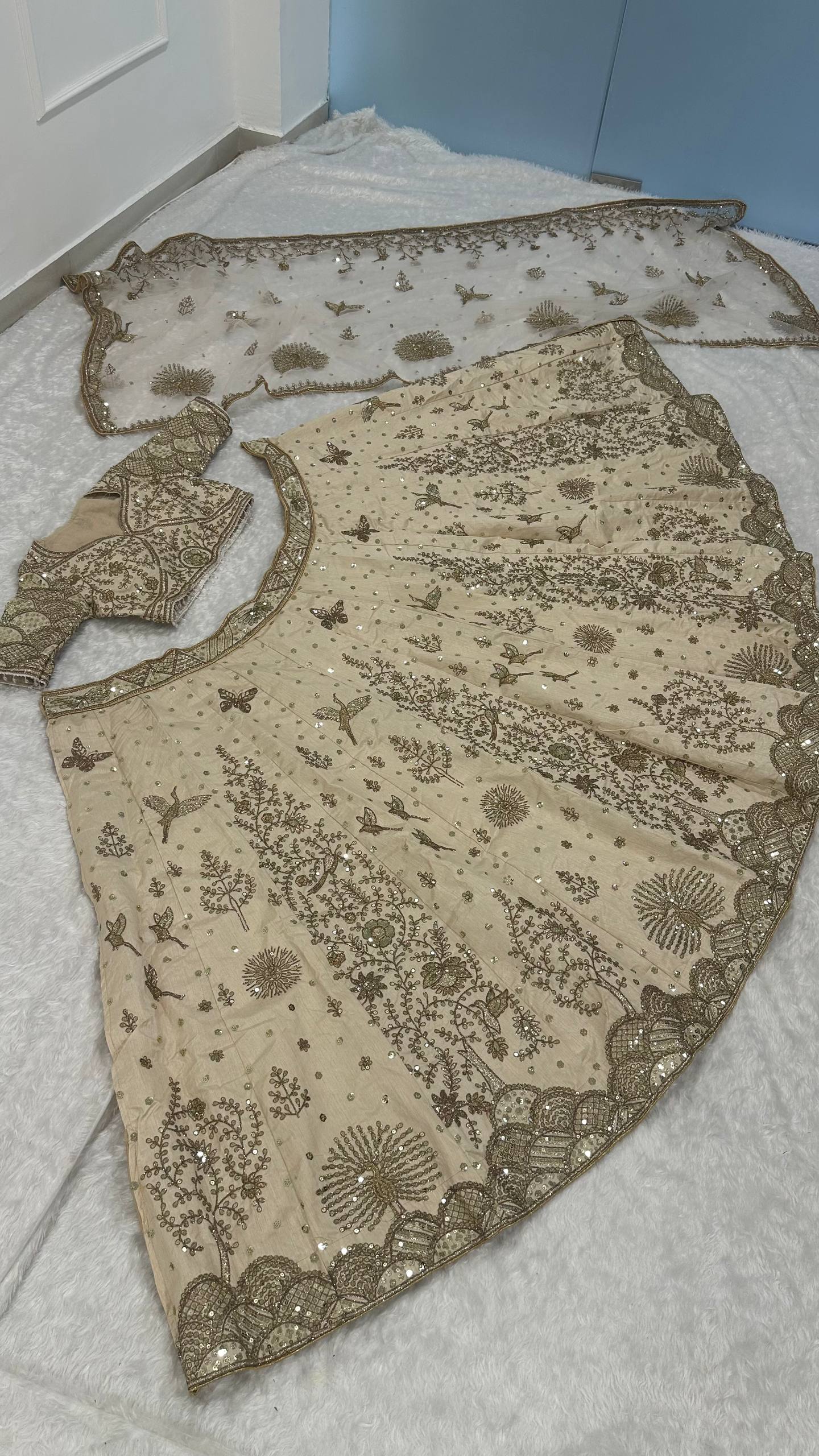 Cream Heavy Slub Silk Lehenga with Sequins, Dori & Zari Work, Matching Blouse & Net Dupatta ClothsVilla