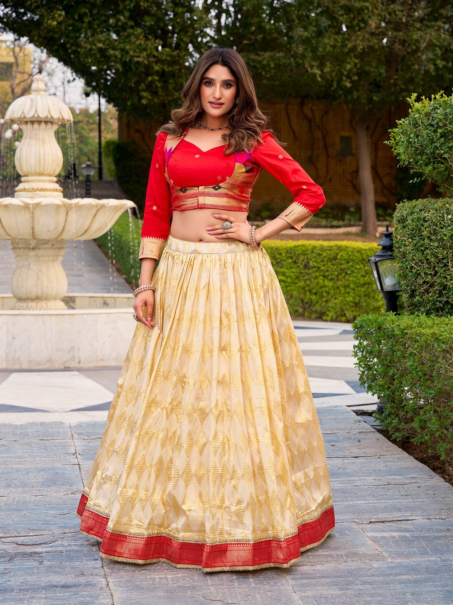 Cream Jacquard Silk Paithani Lehenga Set ClothsVilla
