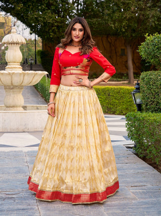 Cream Jacquard Silk Paithani Lehenga Set ClothsVilla