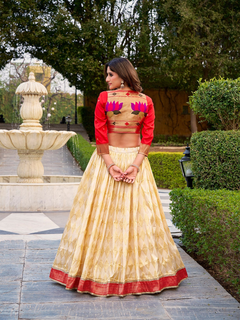 Cream Jacquard Silk Paithani Lehenga Set ClothsVilla