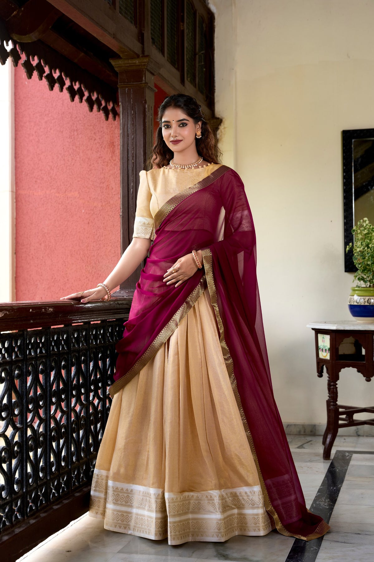 Cream Kanchipuram Lehenga Choli – Heritage Redefined with Regal Zari Weaving Main image