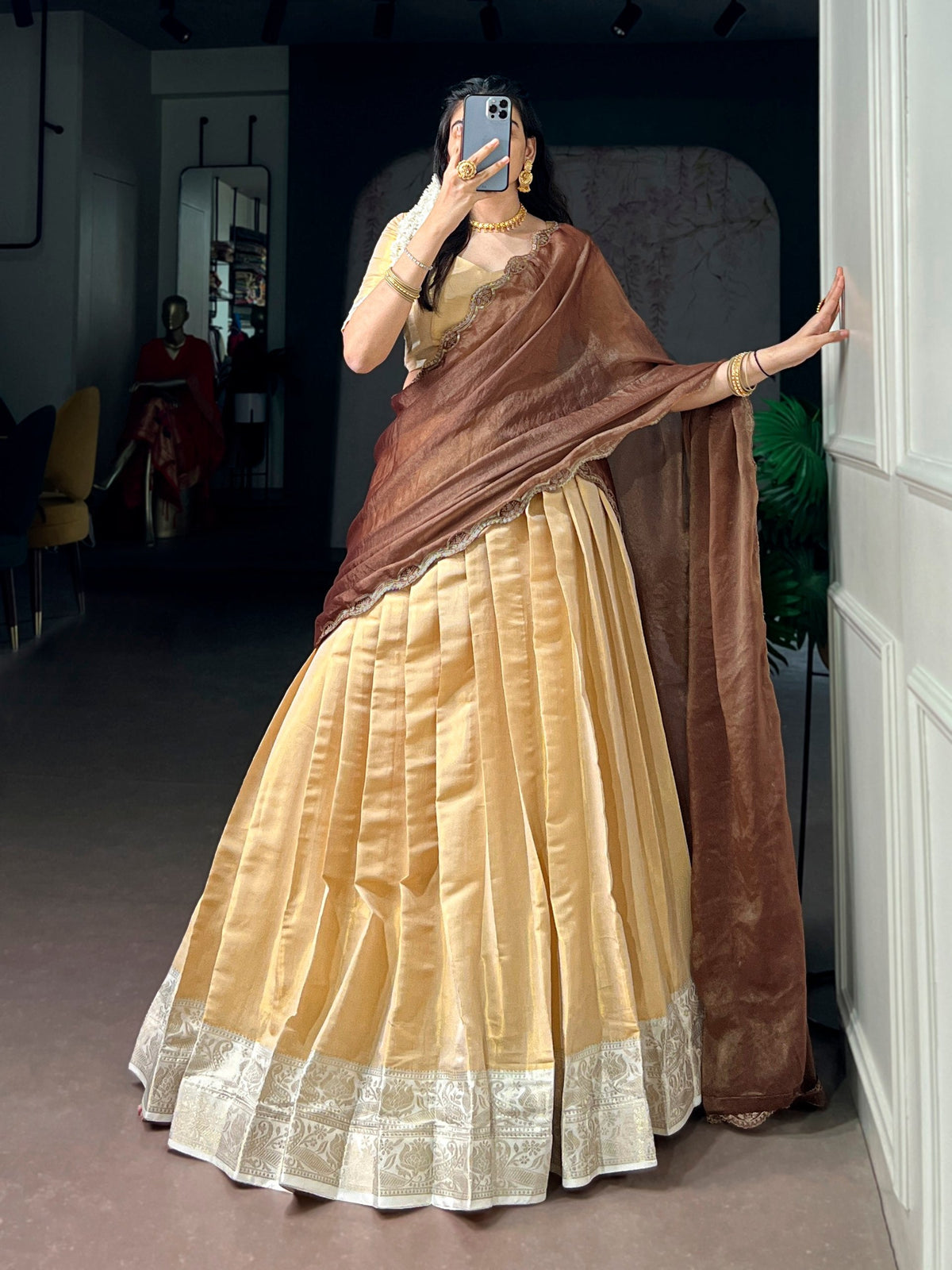 Cream Kanchipuram Zari Lehenga Choli ClothsVilla