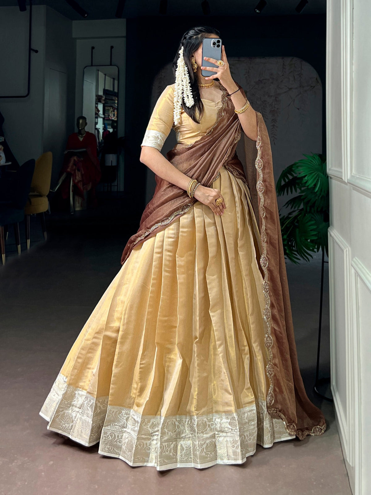 Cream Kanchipuram Zari Lehenga Choli ClothsVilla