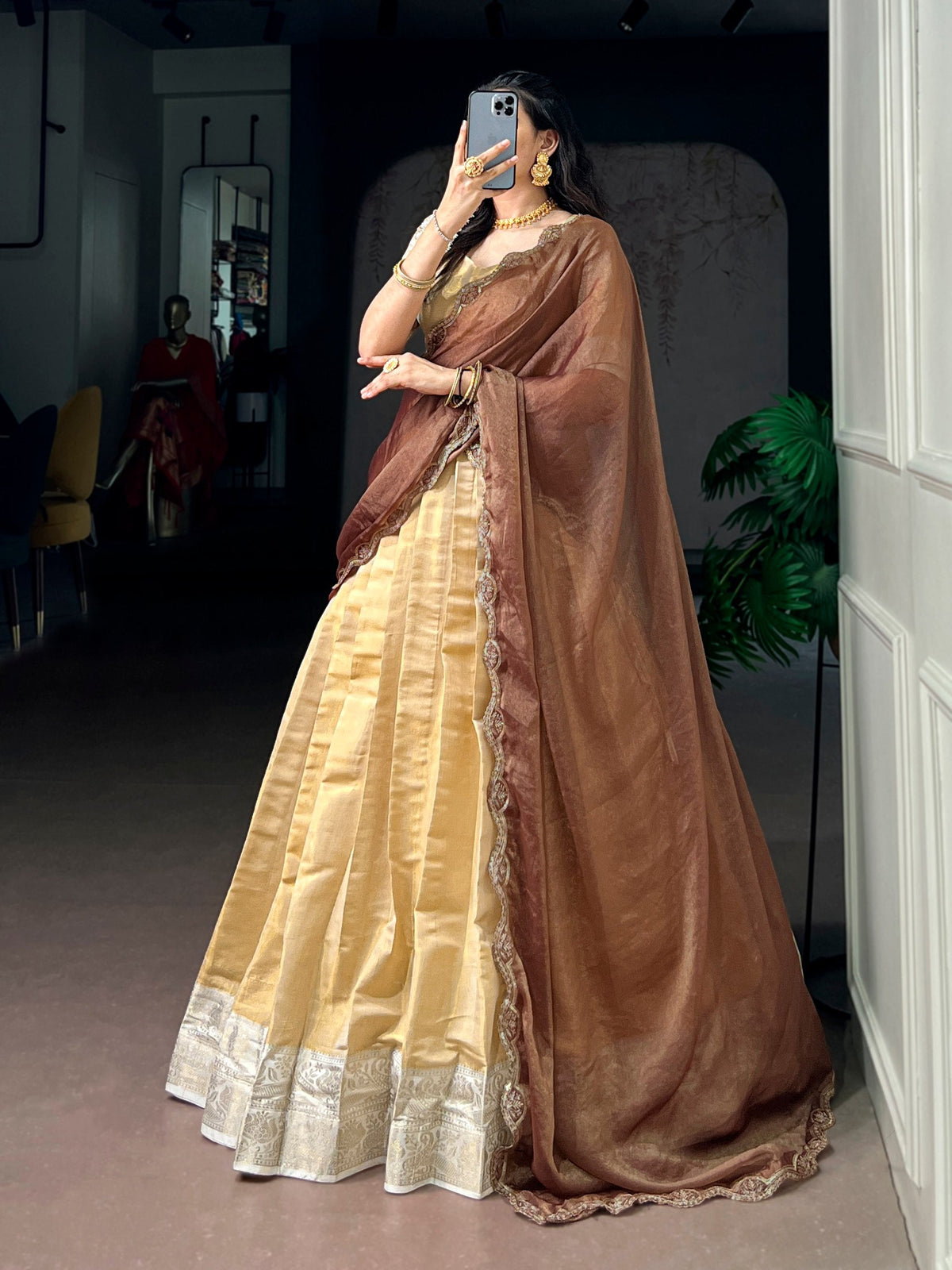 Cream Kanchipuram Zari Lehenga Choli ClothsVilla