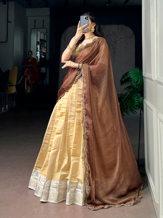 Cream Kanchipuram Zari Lehenga Choli ClothsVilla