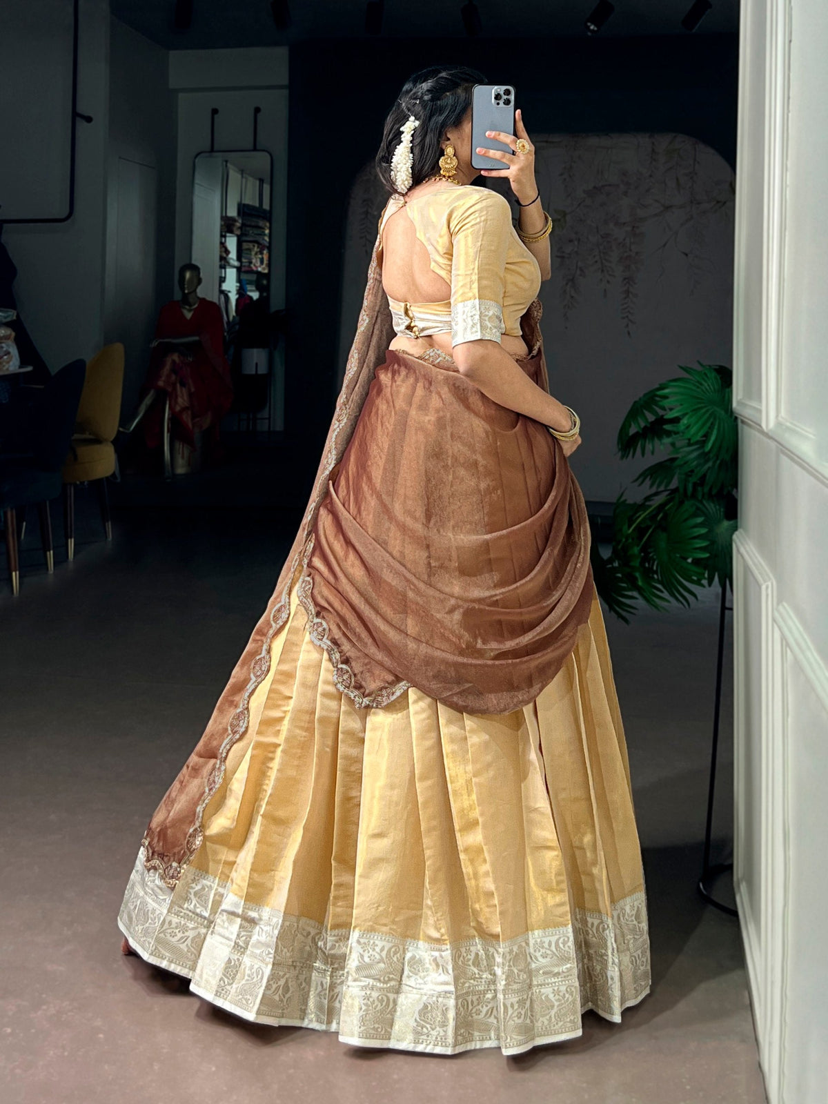 Cream Kanchipuram Zari Lehenga Choli ClothsVilla