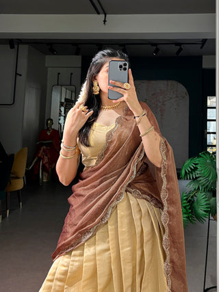 Cream Kanchipuram Zari Lehenga Choli ClothsVilla