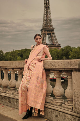 Cream Kashmiri Satin Organza Handloom Weaving Saree with Unstitched Blouse ClothsVilla