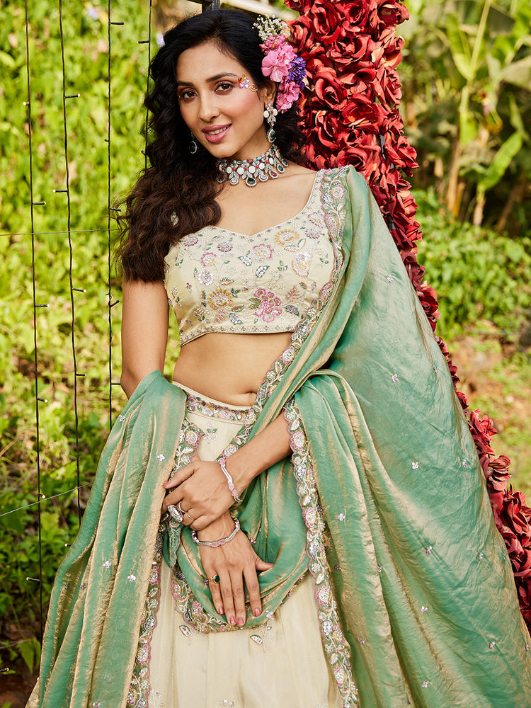 Cream Luxurious Viscose Semi-Stitched Lehenga Set with Green-Gold Embroidered Dupatta ClothsVilla
