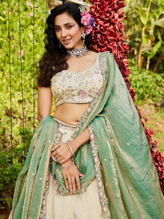 Cream Luxurious Viscose Semi-Stitched Lehenga Set with Green-Gold Embroidered Dupatta ClothsVilla