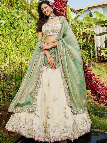 Cream Luxurious Viscose Semi-Stitched Lehenga Set with Green-Gold Embroidered Dupatta ClothsVilla