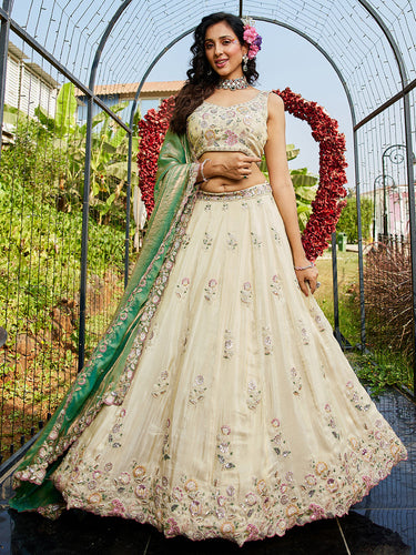 Cream Luxurious Viscose Semi-Stitched Lehenga Set with Green-Gold Embroidered Dupatta ClothsVilla