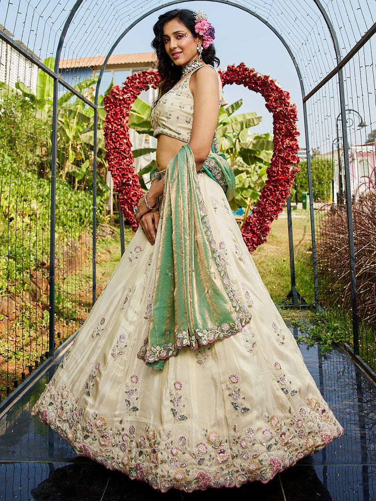 Cream Luxurious Viscose Semi-Stitched Lehenga Set with Green-Gold Embroidered Dupatta ClothsVilla