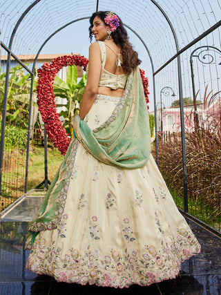 Cream Luxurious Viscose Semi-Stitched Lehenga Set with Green-Gold Embroidered Dupatta ClothsVilla