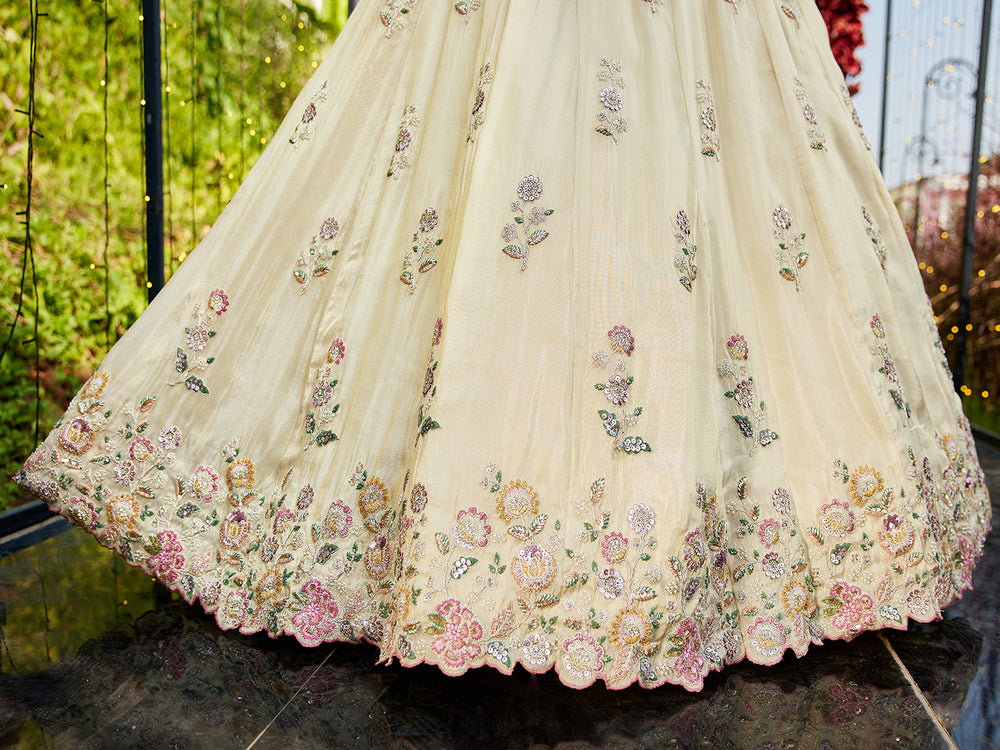 Cream Luxurious Viscose Semi-Stitched Lehenga Set with Green-Gold Embroidered Dupatta ClothsVilla