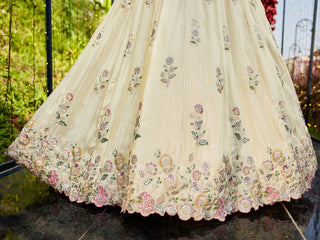 Cream Luxurious Viscose Semi-Stitched Lehenga Set with Green-Gold Embroidered Dupatta ClothsVilla