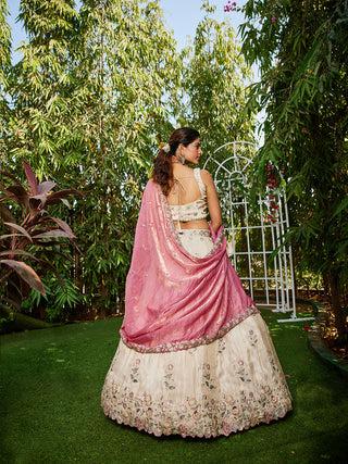 Cream Luxurious Viscose Semi-Stitched Lehenga Set with Pink -Gold Embroidered Dupatta ClothsVilla