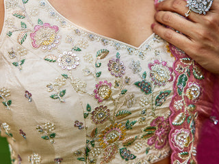 Cream Luxurious Viscose Semi-Stitched Lehenga Set with Pink -Gold Embroidered Dupatta ClothsVilla