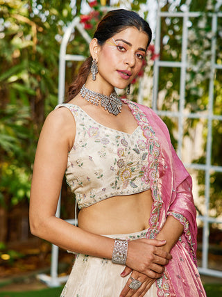 Cream Luxurious Viscose Semi-Stitched Lehenga Set with Pink -Gold Embroidered Dupatta ClothsVilla