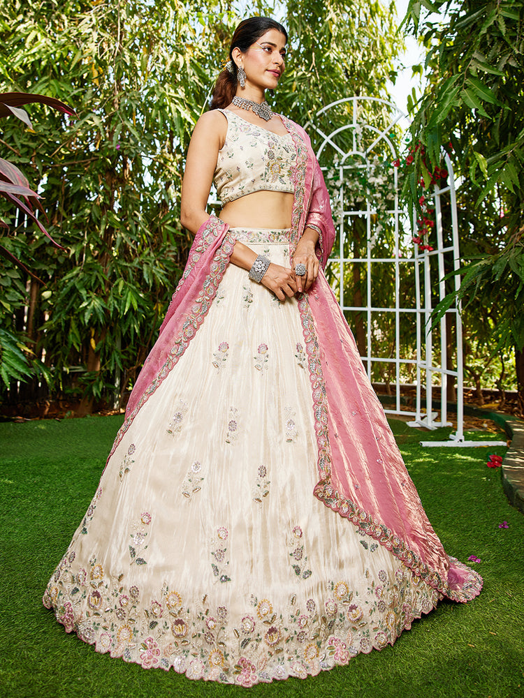 Cream Luxurious Viscose Semi-Stitched Lehenga Set with Pink -Gold Embroidered Dupatta ClothsVilla