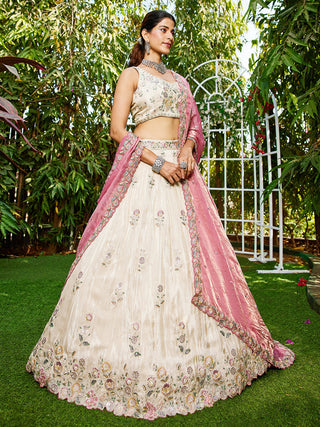 Cream Luxurious Viscose Semi-Stitched Lehenga Set with Pink -Gold Embroidered Dupatta ClothsVilla