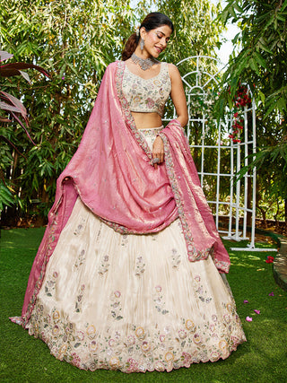 Cream Luxurious Viscose Semi-Stitched Lehenga Set with Pink -Gold Embroidered Dupatta ClothsVilla