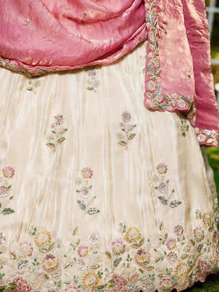 Cream Luxurious Viscose Semi-Stitched Lehenga Set with Pink -Gold Embroidered Dupatta ClothsVilla