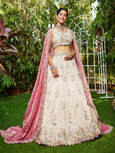 Cream Luxurious Viscose Semi-Stitched Lehenga Set with Pink -Gold Embroidered Dupatta ClothsVilla